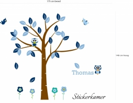 Jongenskamer boom met uilen en vogels (blauw)