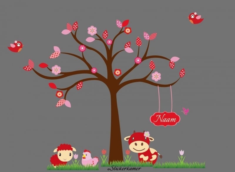 plein Tegen Digitaal Kleurrijke boom met tulpen en dieren (Thema rood) | Muursticker boom op  maat | Stickerkamer