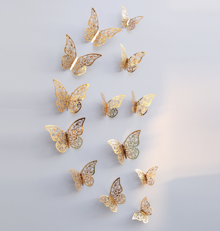 12 gouden 3d vlinders muurdecoratie (3) | vlinders goud muurdecoratie - | Stickerkamer
