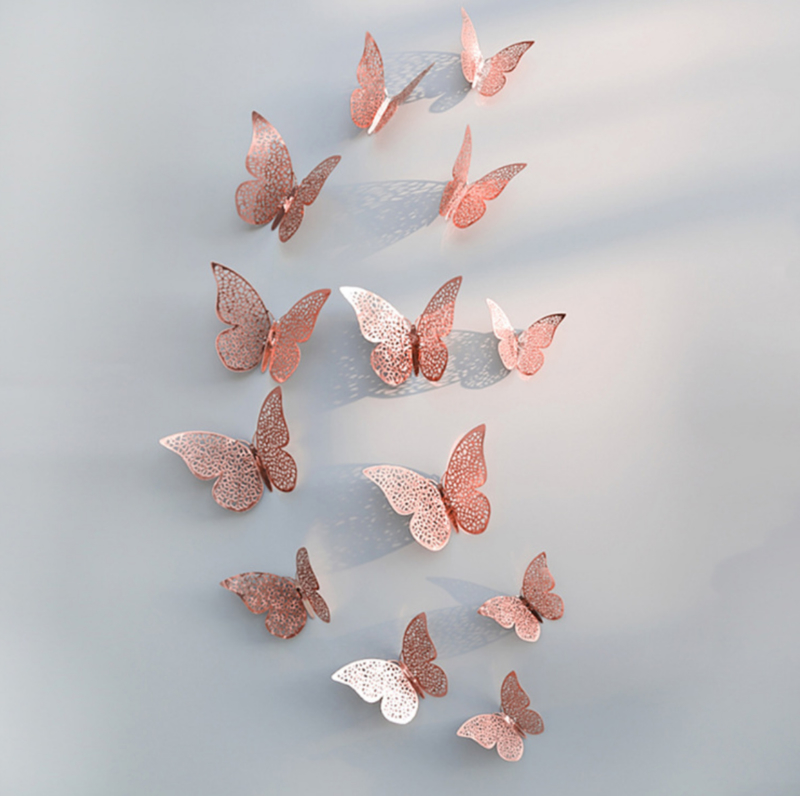 12 stuks rose / 3d vlinders muurdecoratie (1) | vlinders rose/goud muurdecoratie muurstickers | Stickerkamer