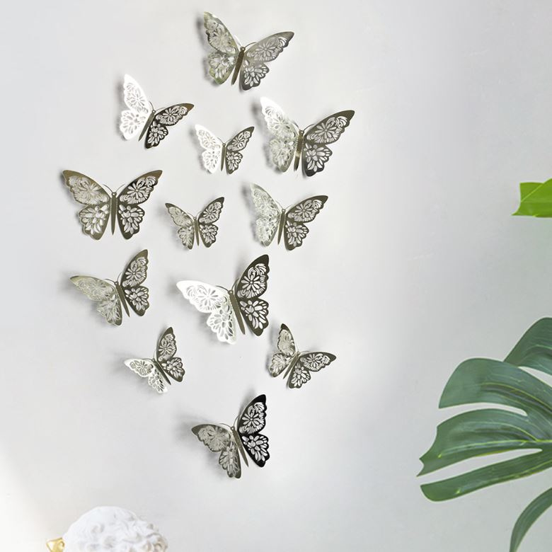 12 stuks zilveren 3d vlinders muurdecoratie (4) | 3d vlinders zilver muurdecoratie - muurstickers |