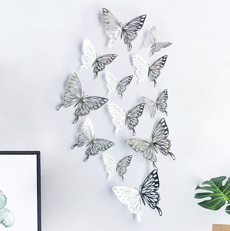 12 stuks zilveren 3d vlinders muurdecoratie (5) | 3d zilver muurdecoratie - muurstickers | Stickerkamer