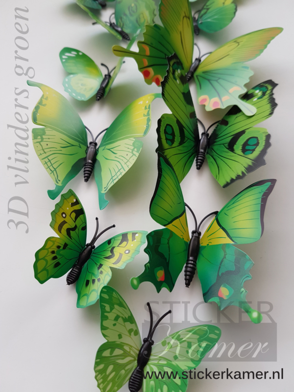Kleurrijke 3D vlinders groen - 12 stuks - muurdecoratie | 3D kleurrijke vlinders | Stickerkamer