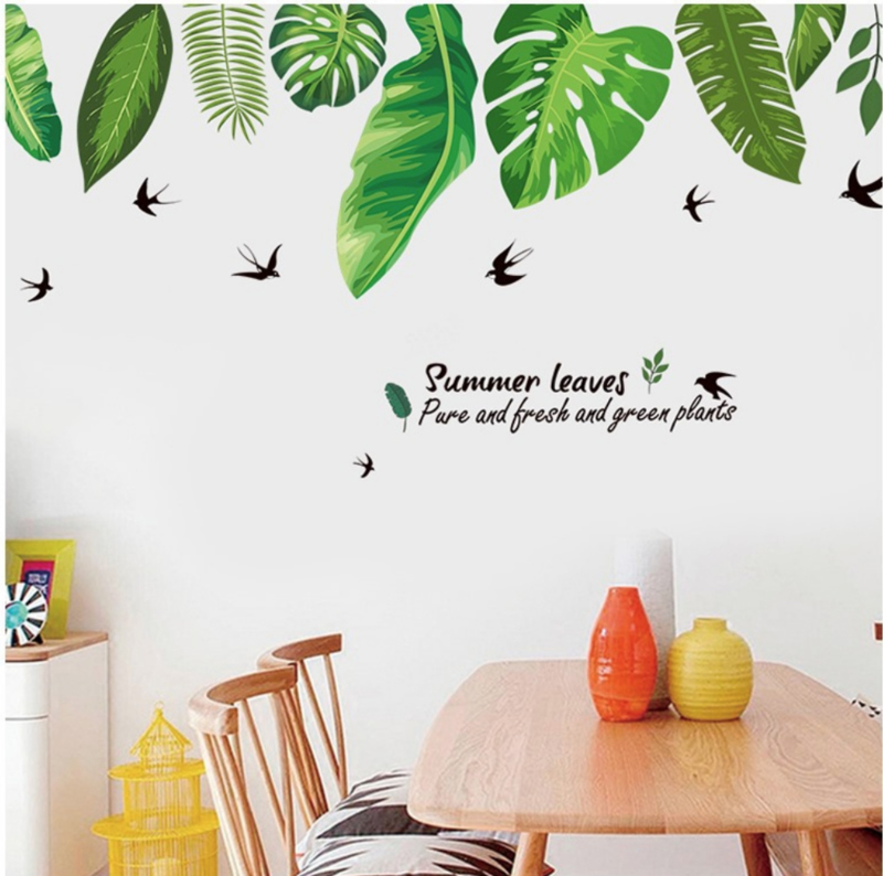 Muursticker decoratieve groene palmbladen en zwaluwen stickers | Muurstickers planten / bladeren |