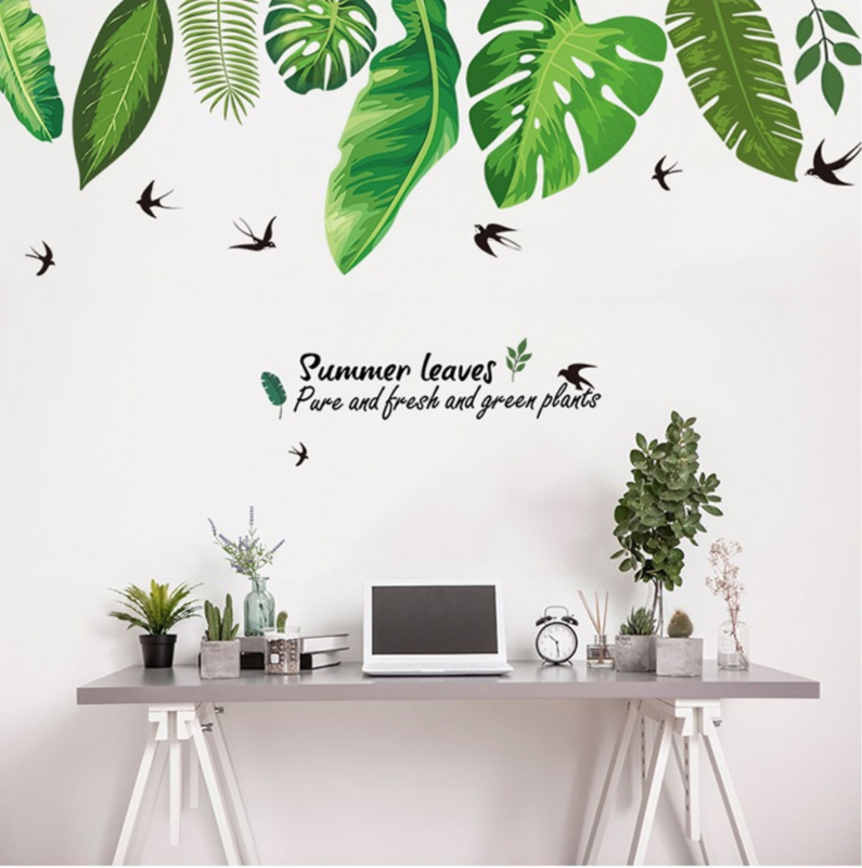 Muursticker decoratieve groene palmbladen en zwaluwen stickers | Muurstickers planten / bladeren |