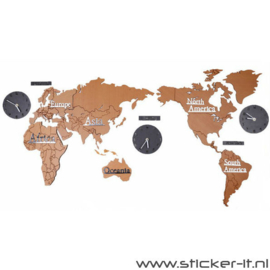 3D houten wereldkaart incl. wandklokken bruin-zwart WK010