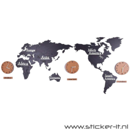 3D houten wereldkaart incl. wandklokken zwart-bruin