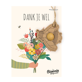 KAART "DANK JE WEL" MET HOMMELHANGER EN BLOEMBOMMETJE