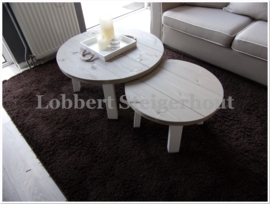 Nieuw!! 2 Leuke Ronde Steigerhouten Salontafels als set. Diameter 60 en 80 cm, 4 poot