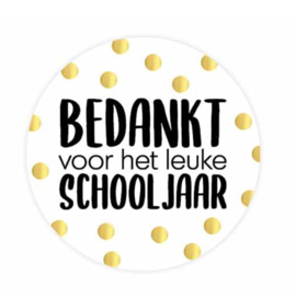 Sticker - Bedankt voor het leuke schooljaar - Wit - Gouden confetti - Zwarte tekst - Meester - Juf