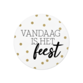 Sticker - Vandaag is het feest - Wit - Gouden confetti - Zwarte tekst