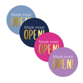 Sticker - 'Maak maar open!' - Donkerblauw - Goud - Wit