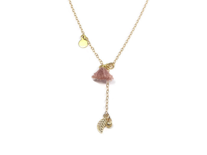 Long gold plated necklace with silk tassel and charms
