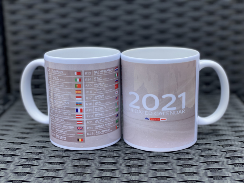 Kalender F1 2021 op een mok