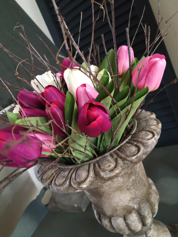 Gebonden bos met 9 zijden- tulpen, fuchsia-roze 