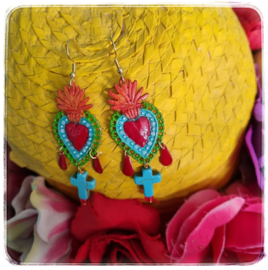 Oorbellen - Mexicaanse harten met turquoise kruisje - medium