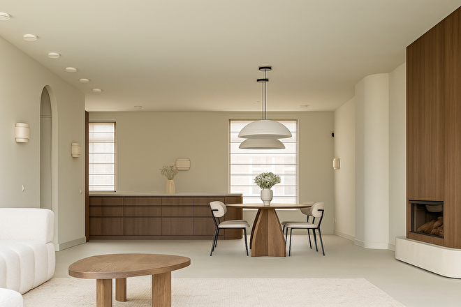 Japandi interieur met lavasteengietvloer in neutrale tinten