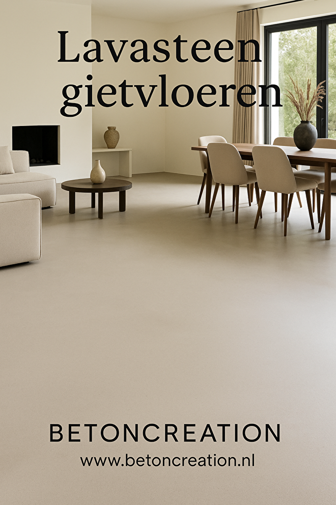 lavasteen gietvloer in moderne woonkamer-project van Betoncreation