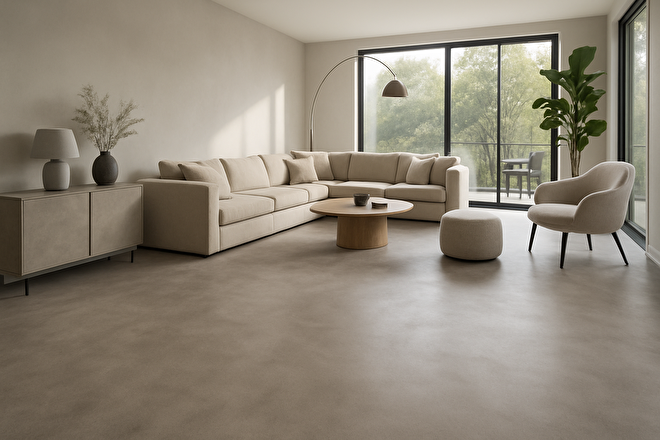 Moderne woonkamer met grijs-beige microcement gietvloer, veel licht en een rustige natuurlijke sfeer