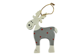 hanger houten rendier met grijze kleren met witte stippen