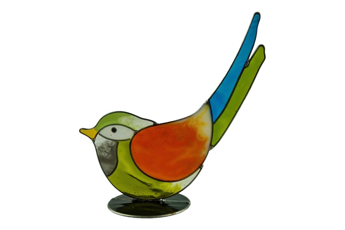 vogel beeldje in groen/oranje van resin