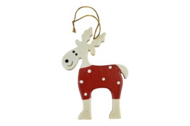 hanger houten rendier met rode kleren met witte stippen