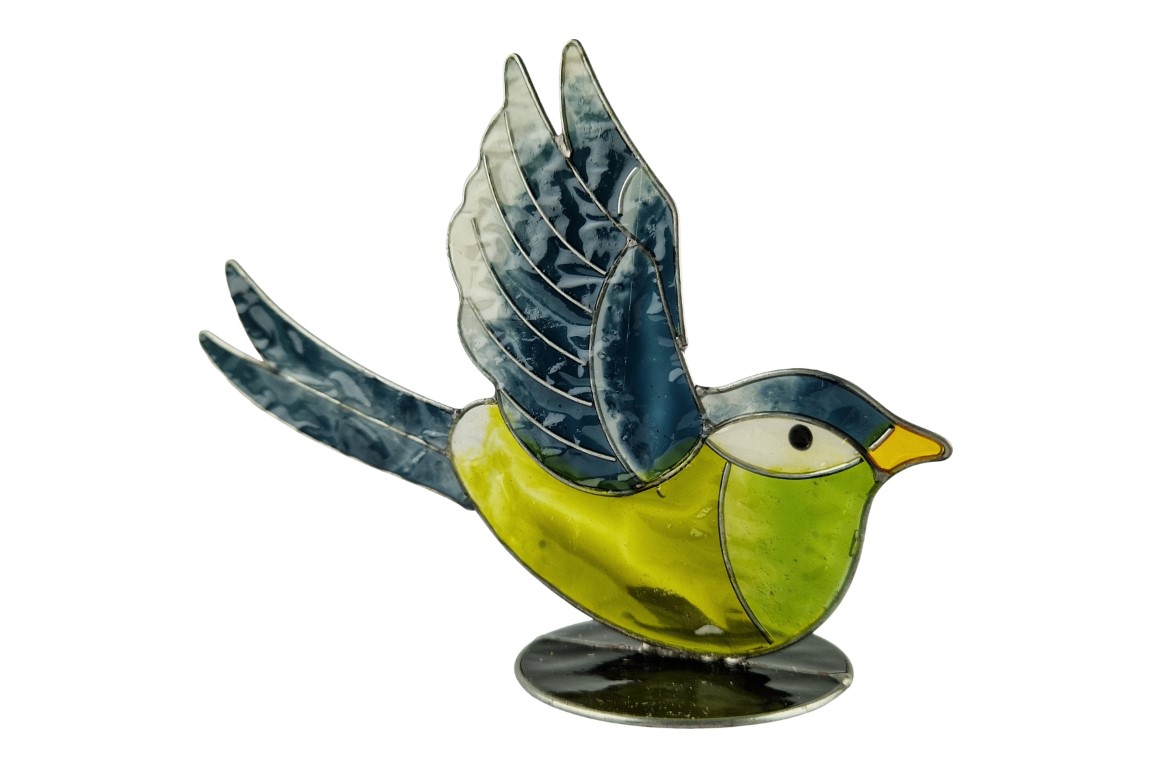 vogel beeldje in blauw/geel van resin