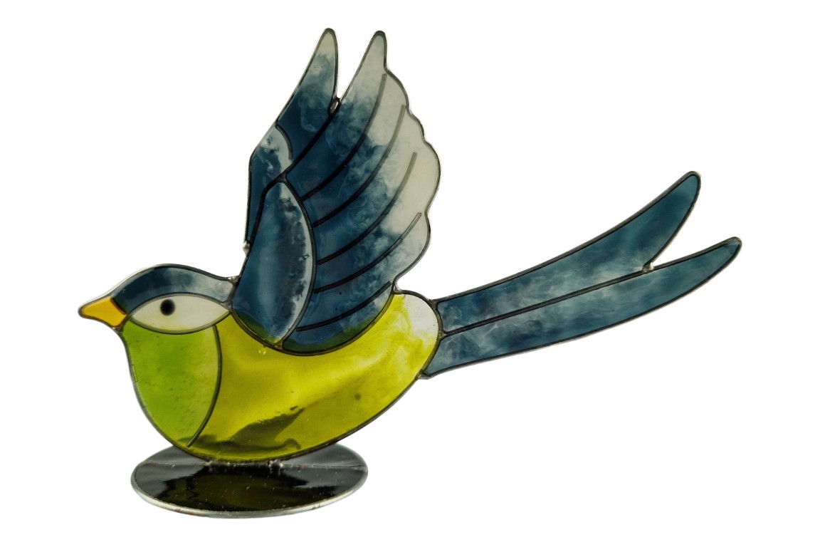 vogel beeldje in blauw/geel van resin