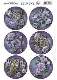 yvonne creations  aquarella owls and flowers round