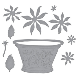 Spellbinders Die Susan's Garden cactus Dahlia and ornamental garden pottery