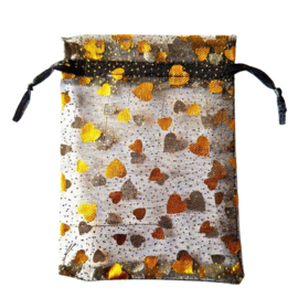Organza zakje medium hartjes zwart goud