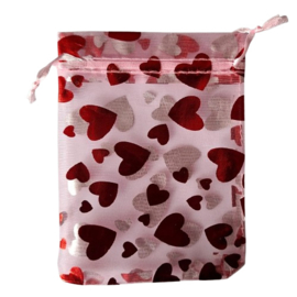 Organza zakje medium hartjes roze rood