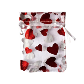 Organza zakje small hartjes wit rood