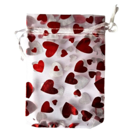Organza zakje medium hartjes wit rood