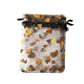 Organza zakje small hartjes zwart goud