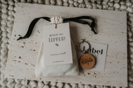 Stoffen zakje met kaartje "jij bent een topper" | met sleutelhanger jij bent een topper