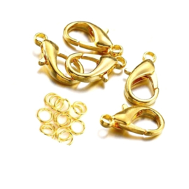 Karabijn Sluiting 12mm GOUD + 5mm buigring (5 sets) Clip-On haak sluiting Karabijnslotje (nikkelvrij)