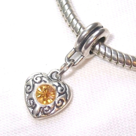 Geboortesteen November met Topaas Geel CZ Kristal Hartje - Pandora Style Charm bedel Dangle.
