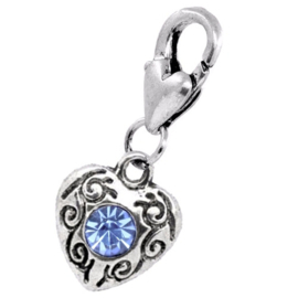 Geboortesteen December met Topaas Blauw CZ Kristal Hartje - Clip-On Charm bedel hanger
