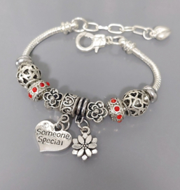 Pandora Style Dangle Bedel Armband met teksthart Someone Special (speciaal persoon) en 2 stoppers - in 5 kleuren