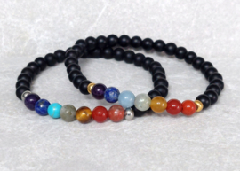 CHAKRA armband - Healing armband - goud zilver - met 6mm mat zwarte Agaat en Chakra natuurstenen. 14 t/m 24cm