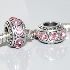 Geboortesteen Oktober Rondelle met Roze CZ Kristallen - Pandora Style Bedel.