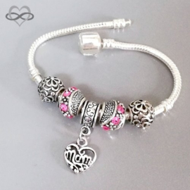 Pandora Style roze Strass Bedel Armband met MAM Hartje Dangle bedel - verjaardag Moederdag Geboorte cadeau