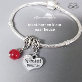 Pandora Style Armband met Parel Dangle bedel en Tekst Hart naar keuze