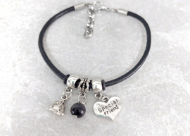 Leren Armband  - Special Friend ARMBAND Zwart Leer met Bedels naar keuze