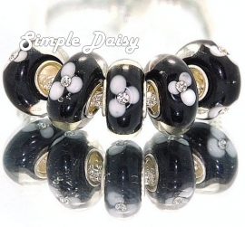 ZWART WIT BLOEM Murano Lampwork Glasbedel met Kristal Pandora Style bedel