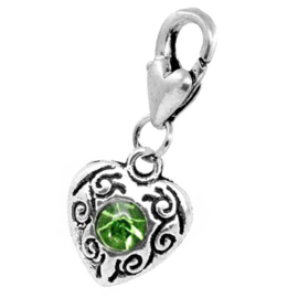Geboortesteen Augustus met Peridot Groen CZ Kristal Hartje - Clip-On Charm bedel hanger