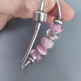 Pandora Style armband 19cm met ROZE glazen Murano bedels en stoppers stainless steel