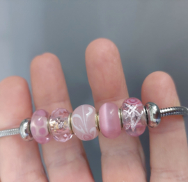 Pandora Style armband 19cm met ROZE glazen Murano bedels en stoppers stainless steel