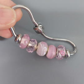 Pandora Style armband 19cm met ROZE glazen Murano bedels en stoppers stainless steel